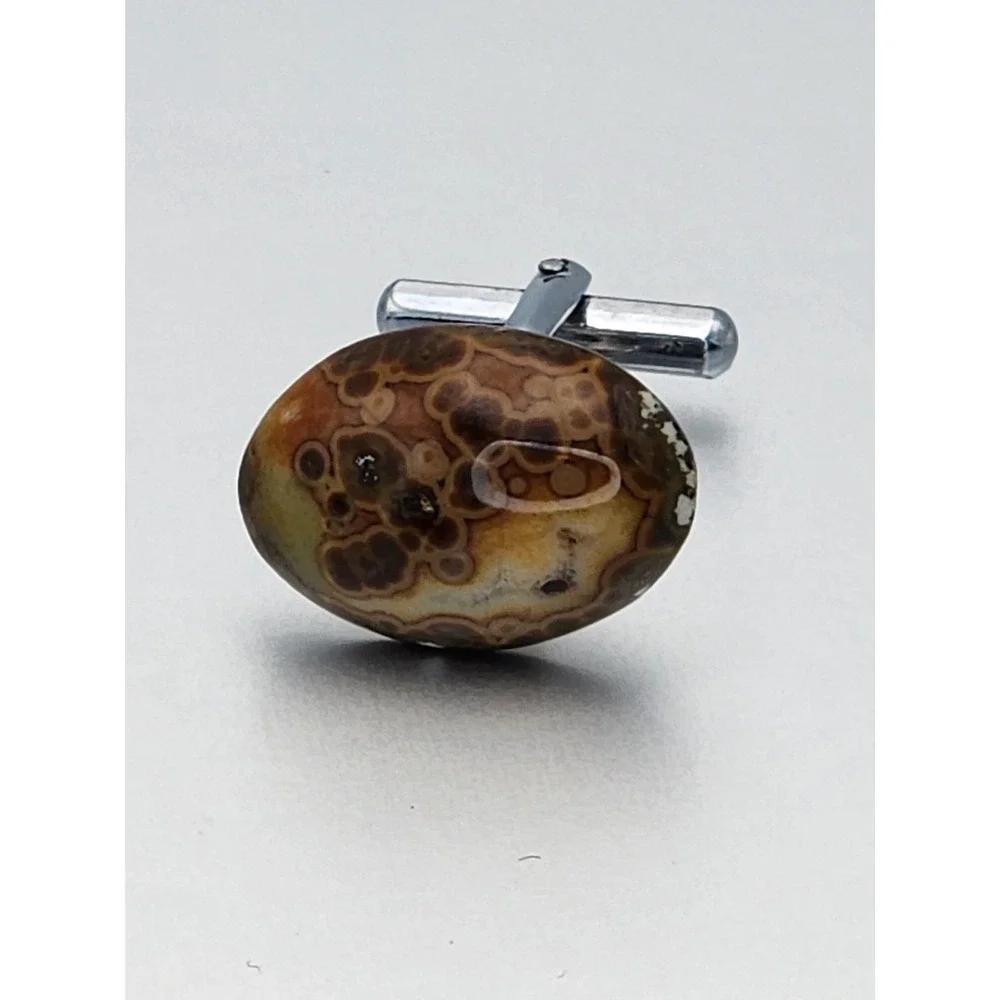 Vtg AGATE W/ FOSSILS Cabochon Men's Tie‎ Bar Clip & Cufflinks Set FREE $HIPPING!